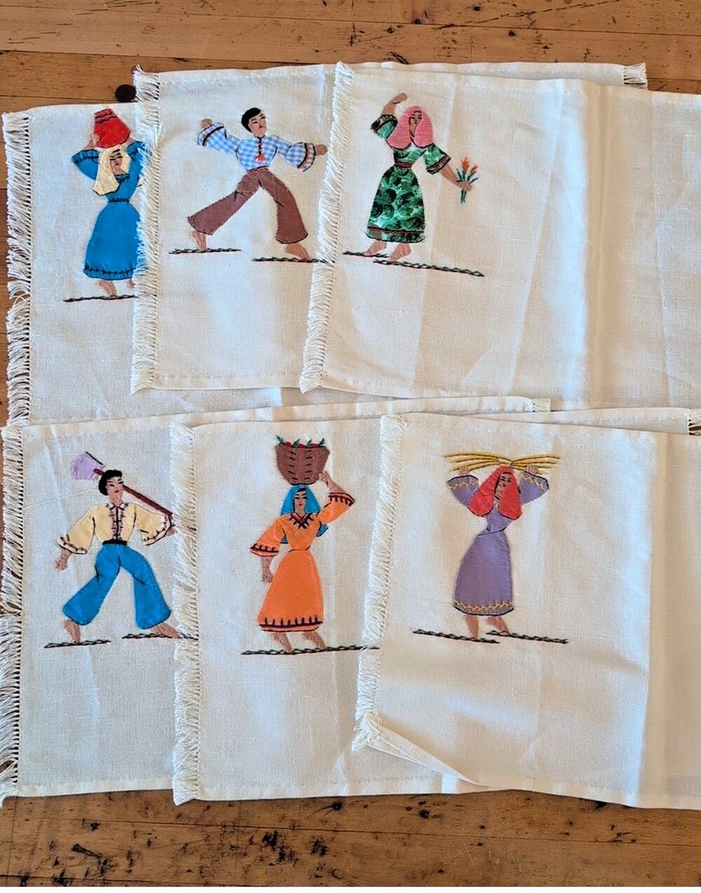 Vintage set of 6 hand embroidered & appliqued placements, 7.5" x 11.5"